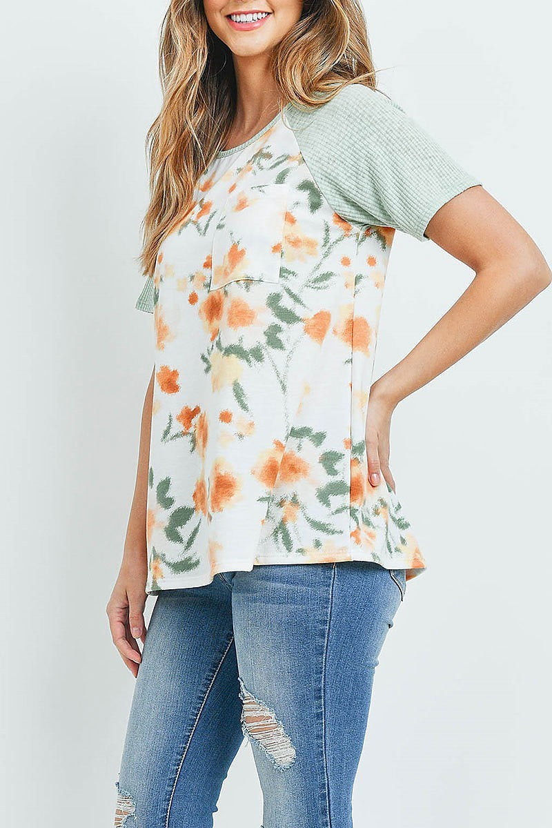 Waffle raglan floral pocket top (ED9153)