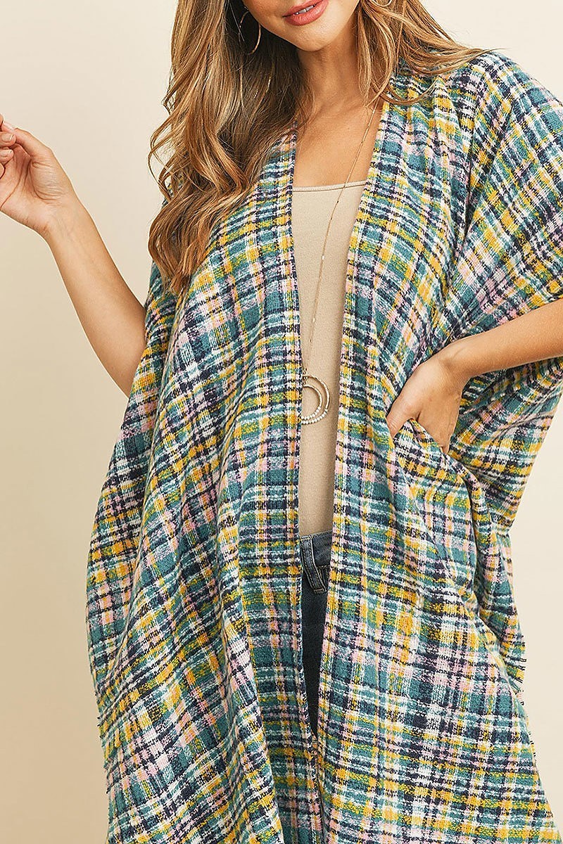 Plaid fringe detail poncho kimono (DGS4966)