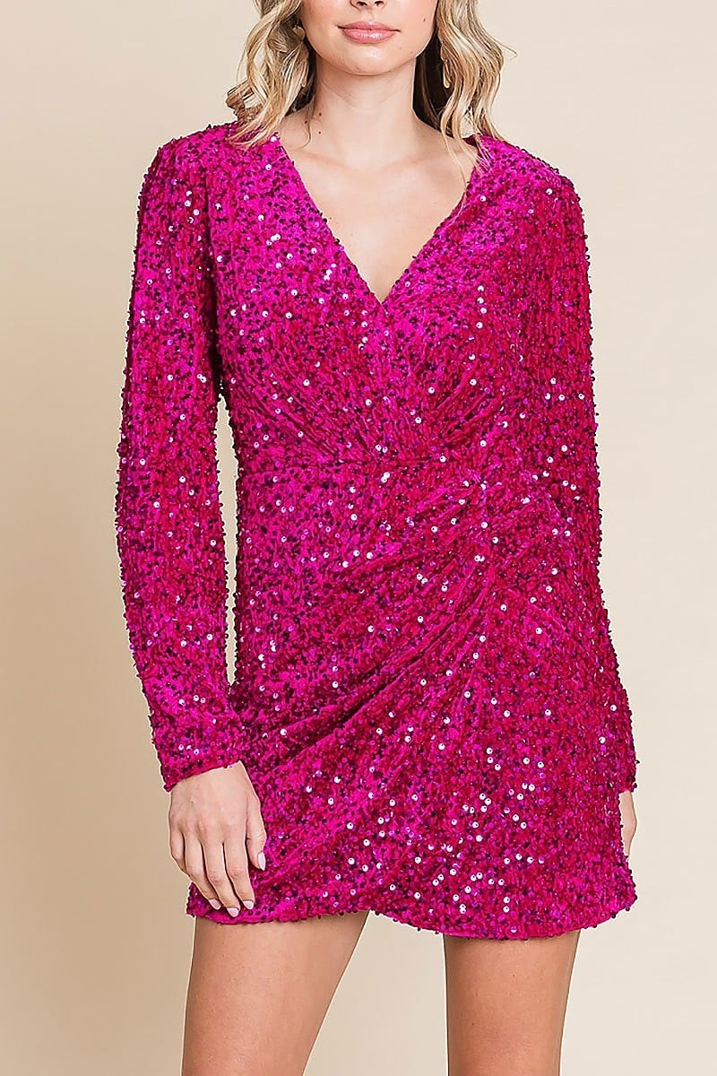 Sequin glitter holiday party wrap mini dress (EDH1932)