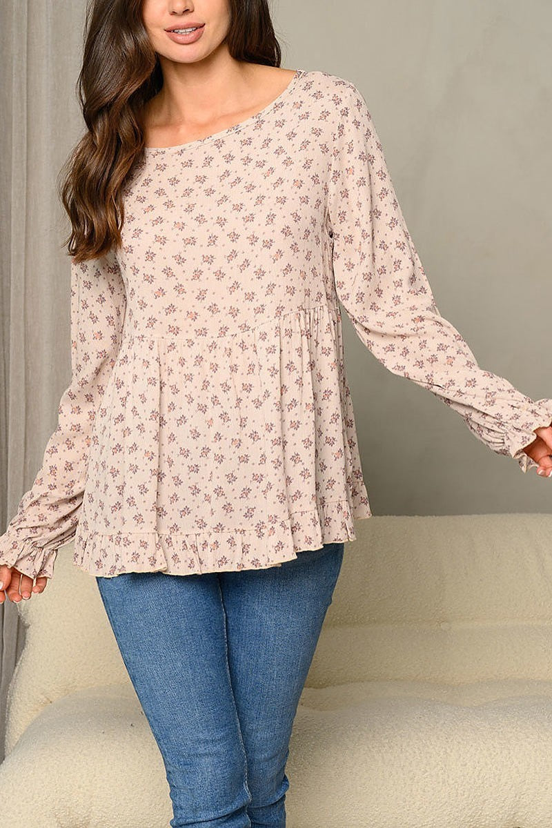 Ditsy floral print ruffle detail bubble long sleeve babydoll top (EDWT6501)