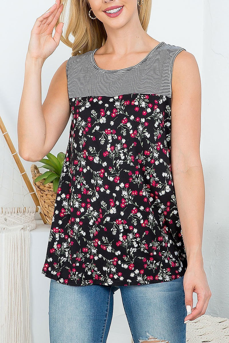 Stripes bust sleeveless floral top (EF4476)