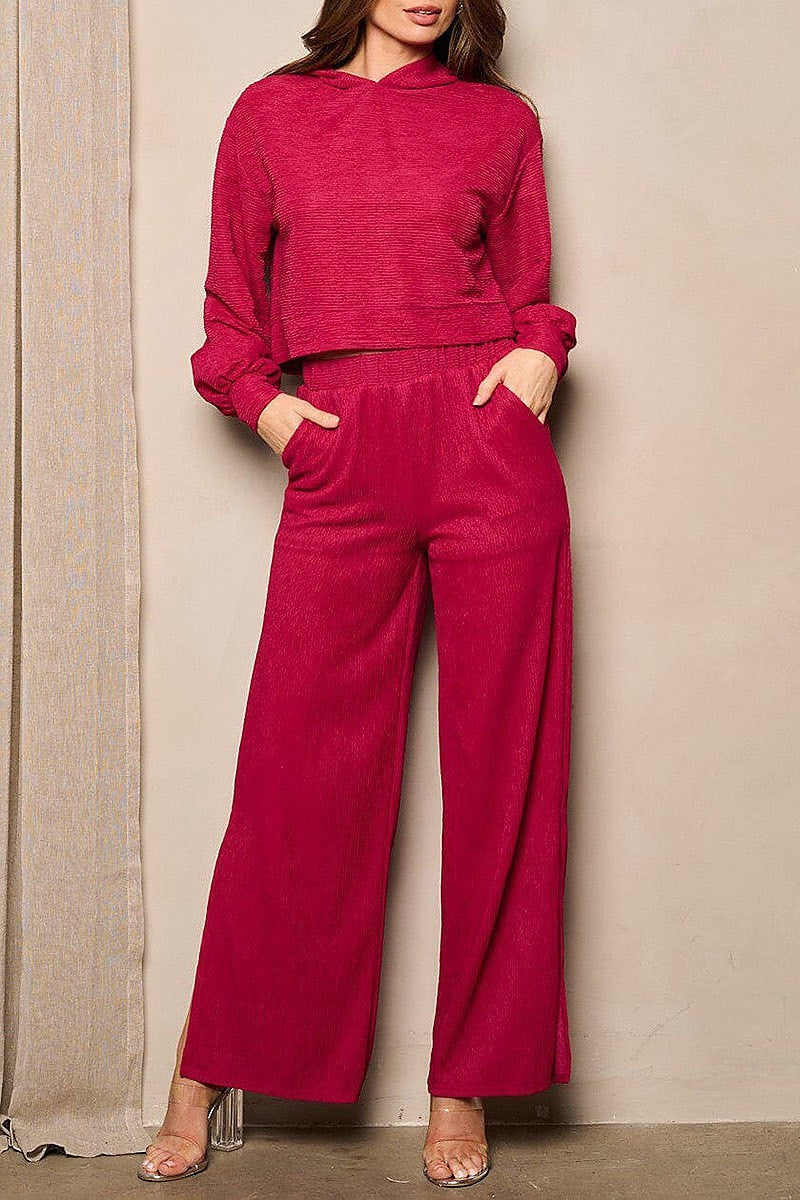 Hoodie top & wide slit leg pants 2pc. set (EFWT4931)