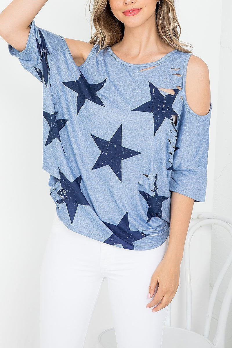 Stars print cold shoulder scoop neck distressed batwing top (EF3695)