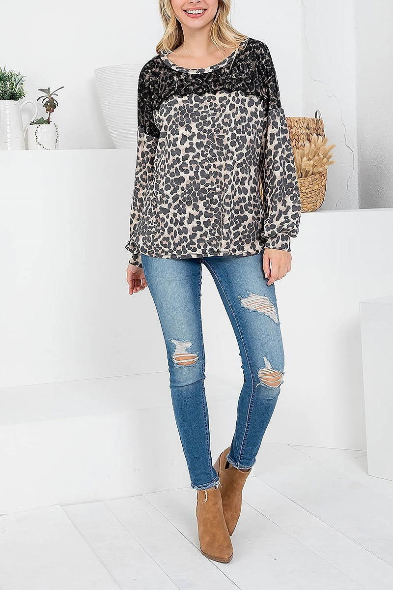 Lace detail long sleeve leopard top (EF2539)