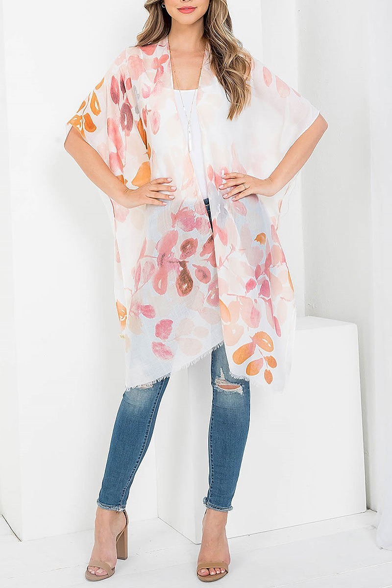 Pastel leaf print open front kimono (EF3617)