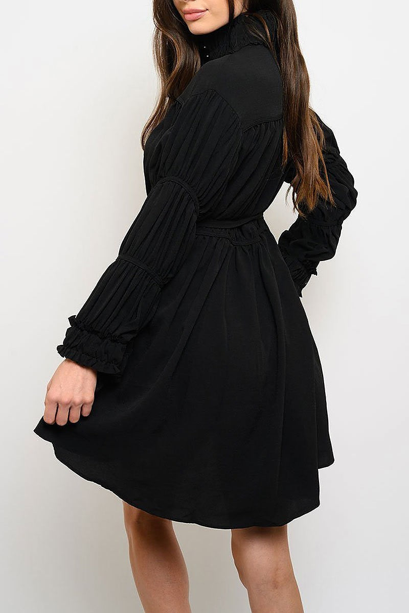 Long sleeve turtle neck self tie mini dress (EDWT3689)