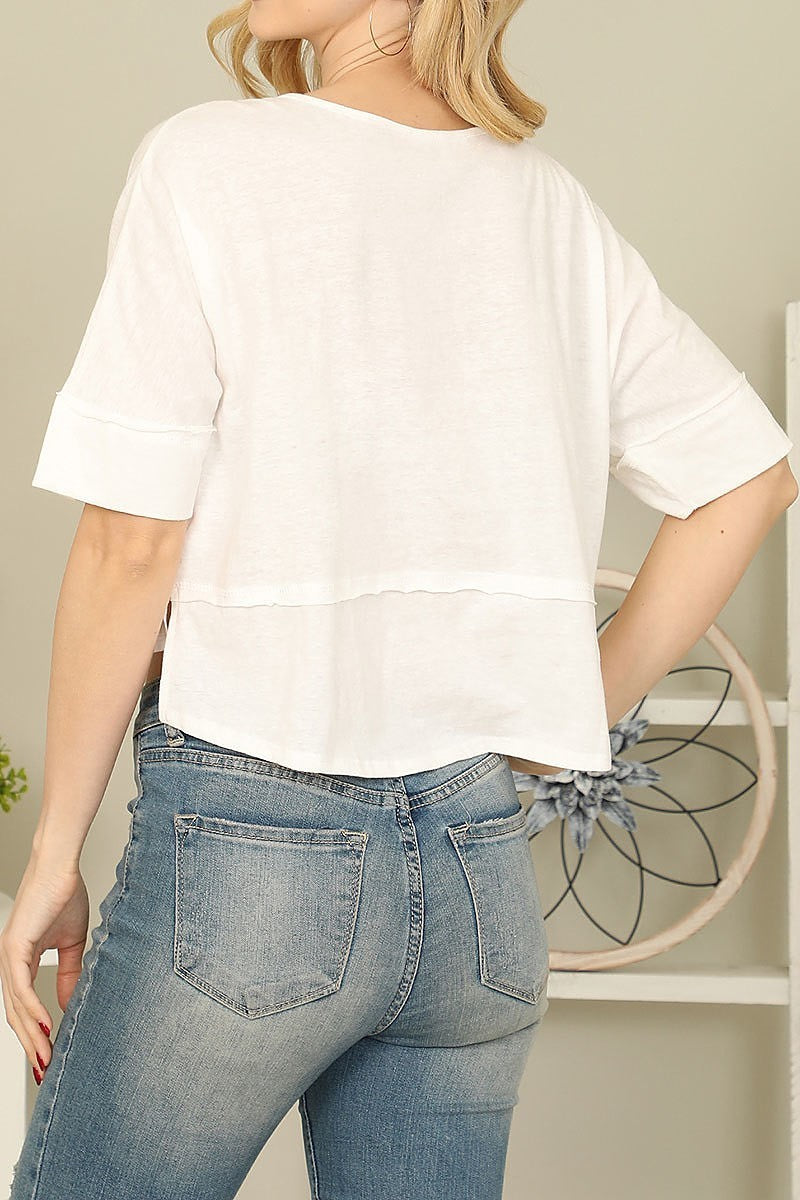 Solid pleated button detail crop top (EF7297)