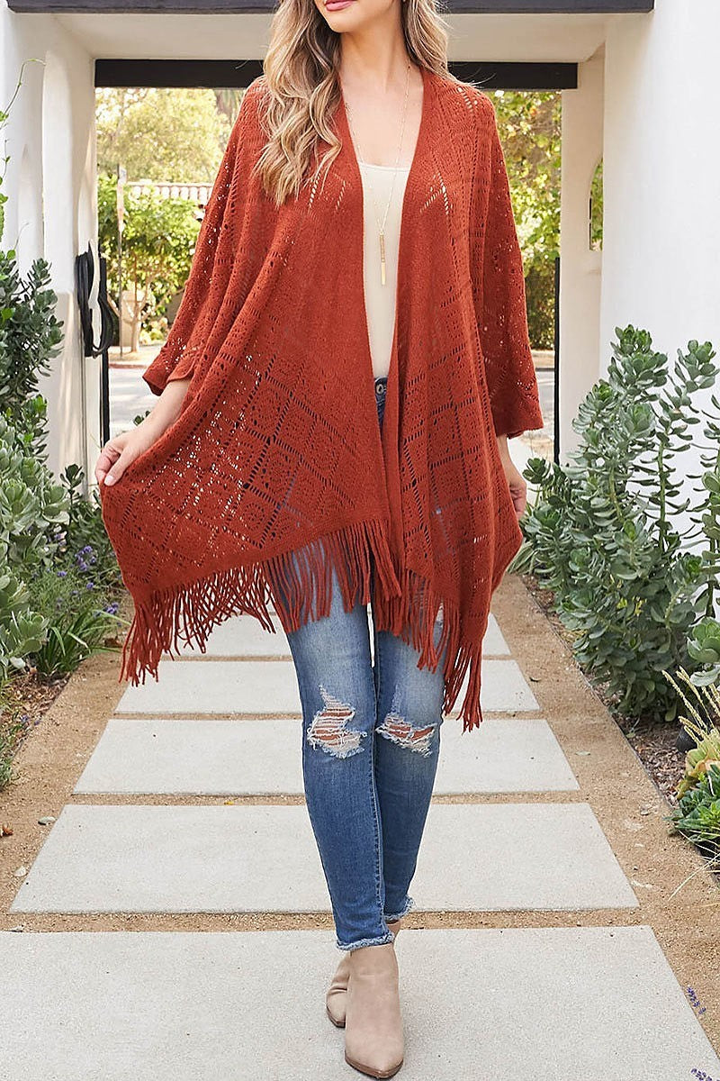 Crochet diamond pattern fringe ruana kimono (DGS5880)