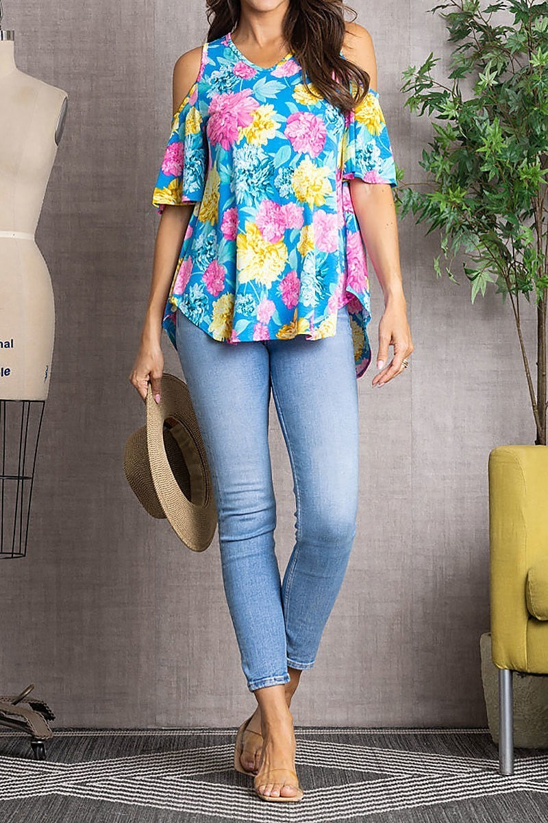 Floral print cold shoulder bell sleeves knit top (EDSW3191)