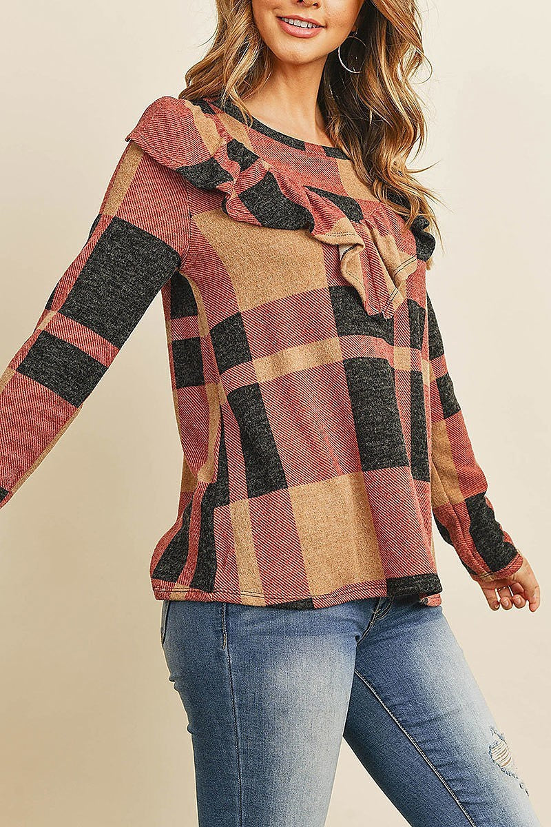 V shaped brushed plaid ruffle detail long sleeve top (ED8231)