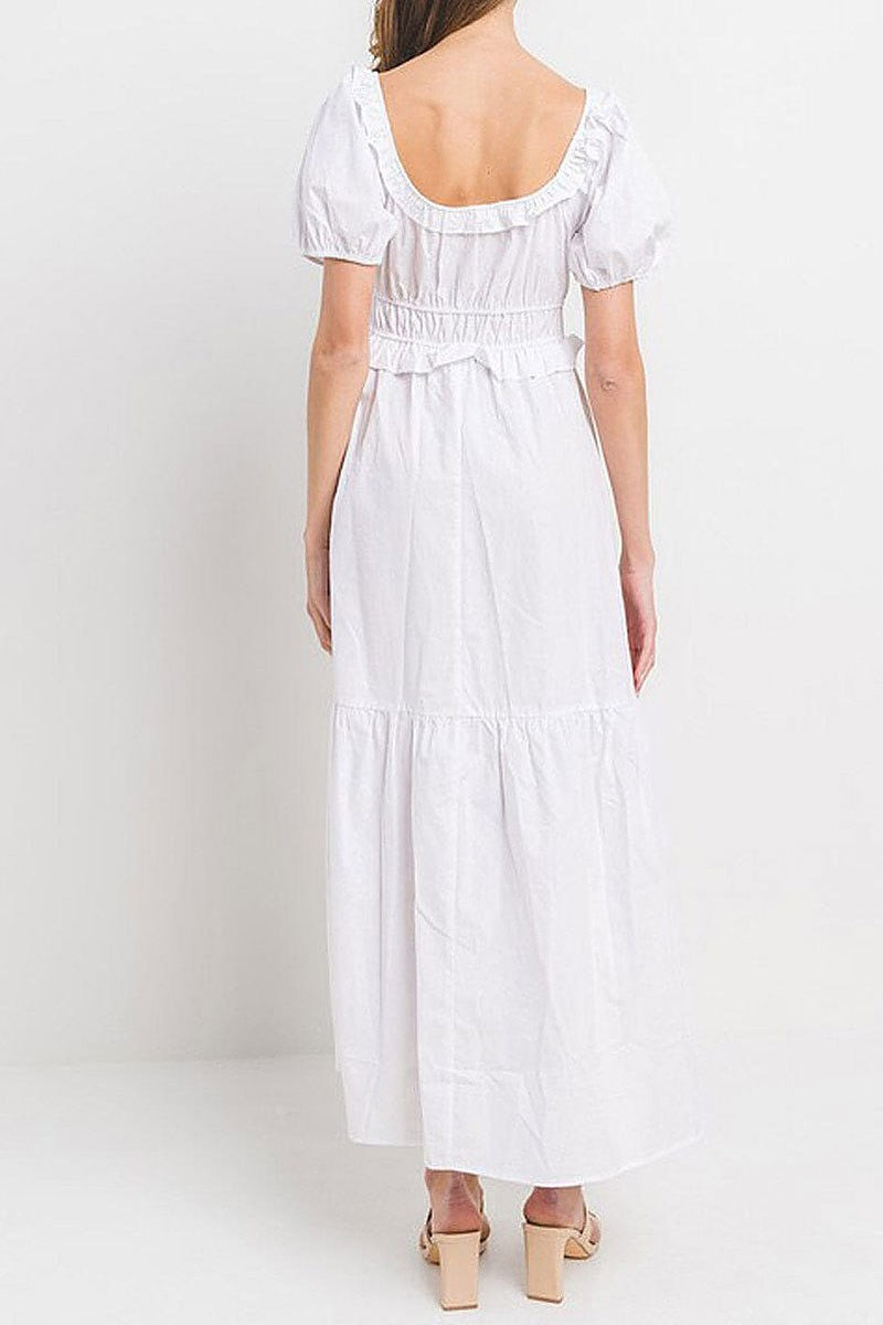 Short puff sleeve elastic waist tiered maxi dress (EGWT1405)