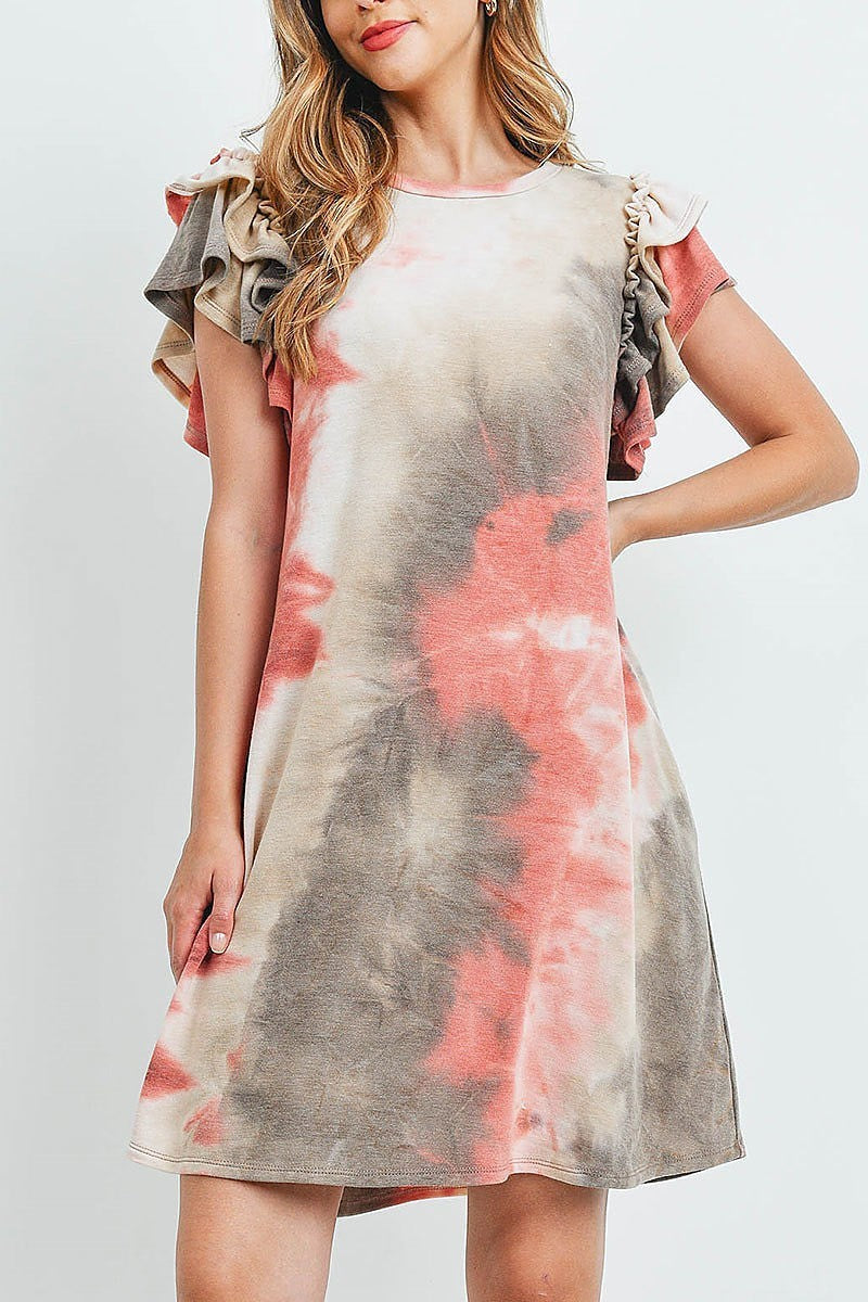 Layered ruffle sleeve tie dye pocket dress (DED6508)