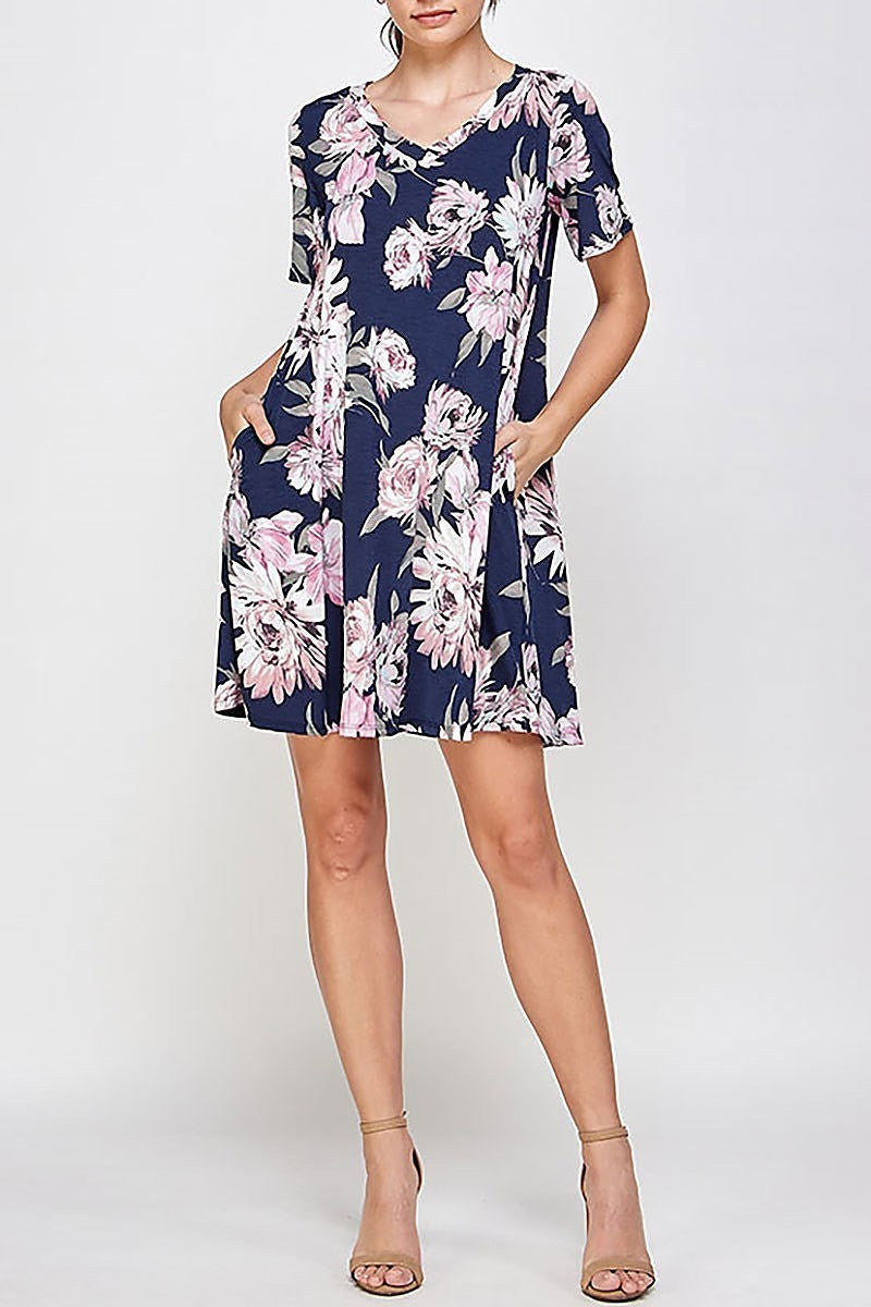 V neck floral pocket dress (DED6403)