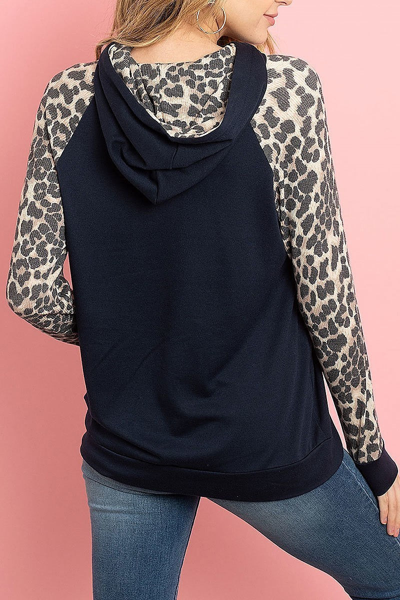 Leopard contrast kangaroo pocket hoodie with self tie (ED8349)