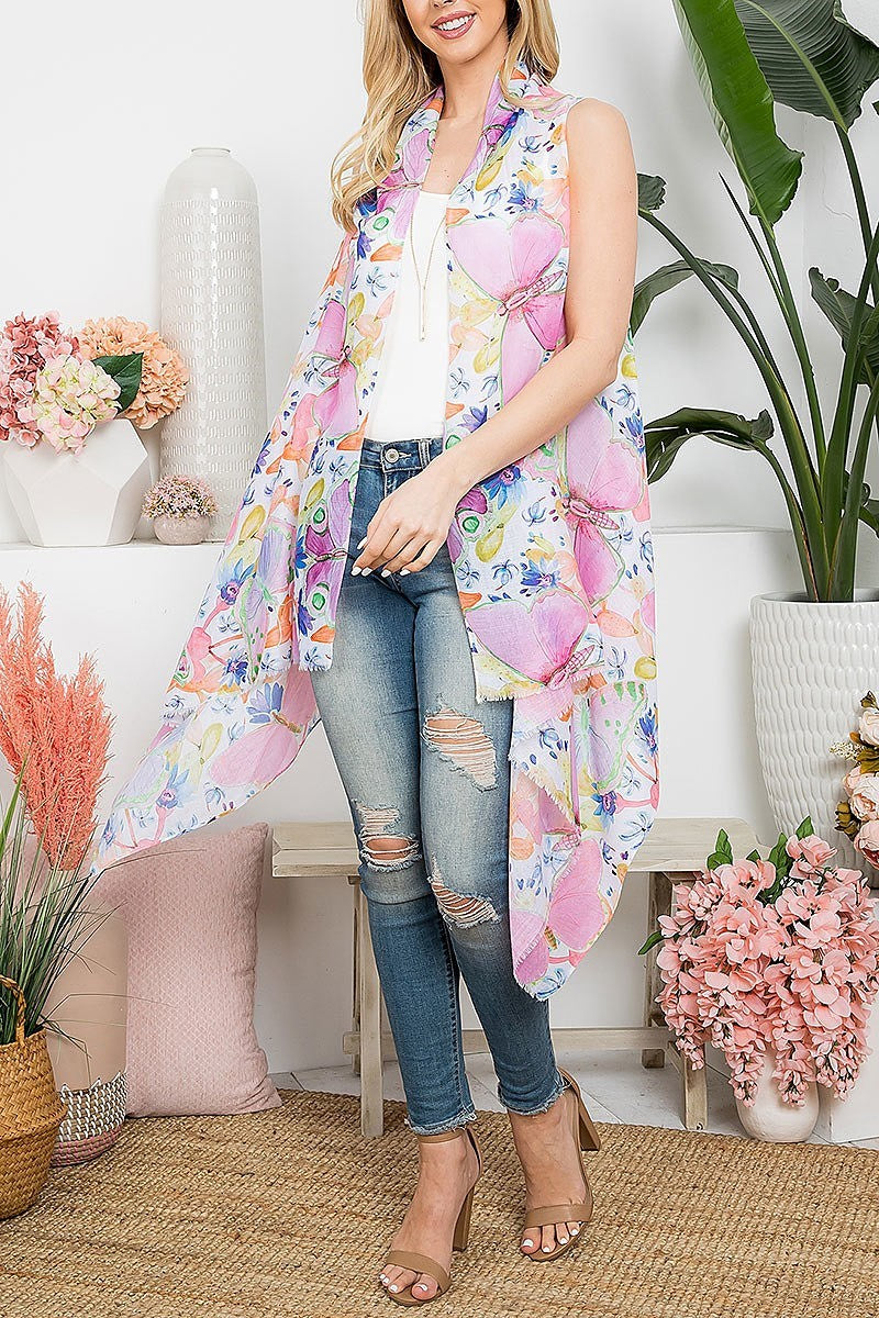 Tropical flower print open front kimono vest (EF5317)