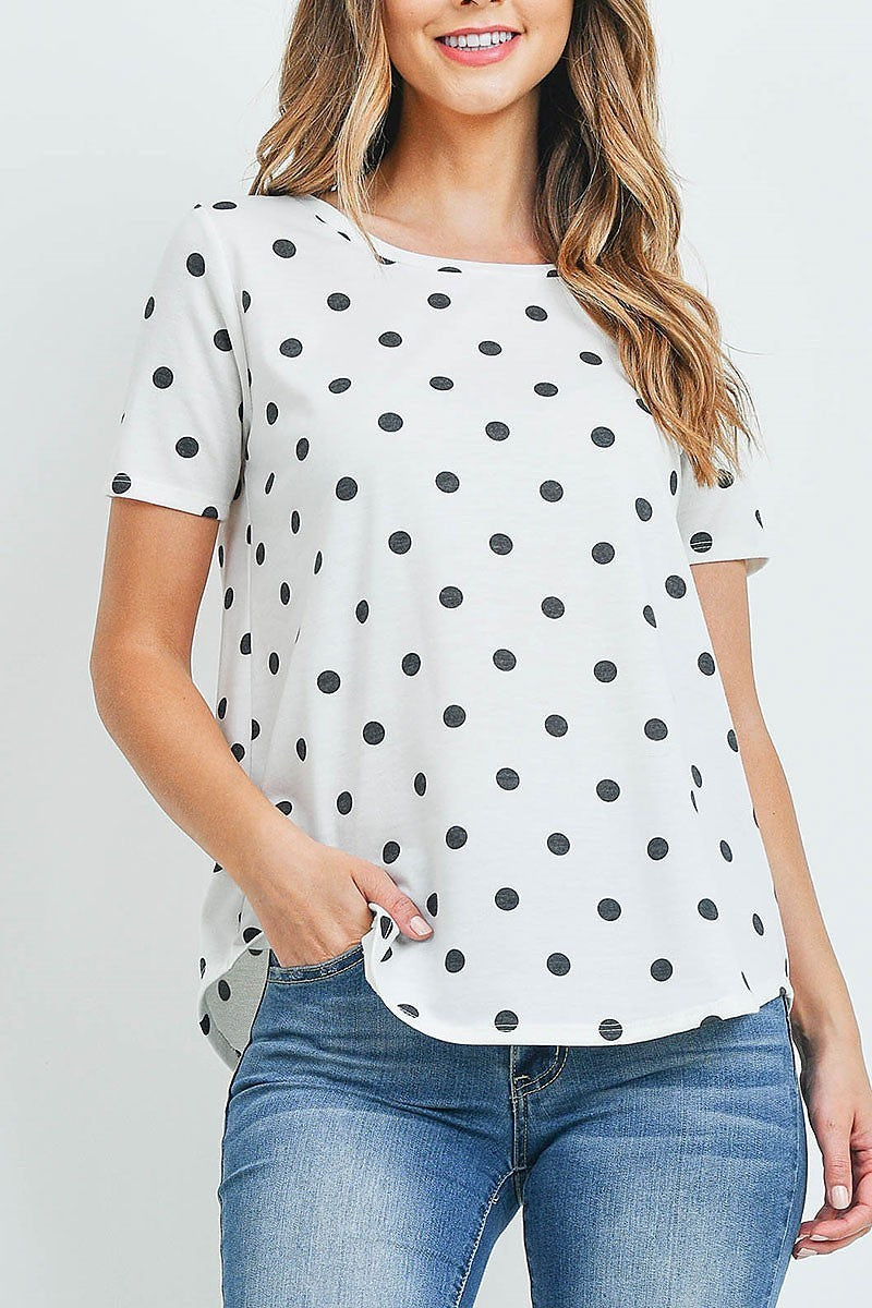 Short sleeves round hem polka dots top (EF5580)