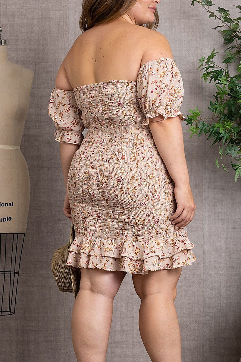 Smocked floral print off shoulder plus size mini dress (EDSW3056)