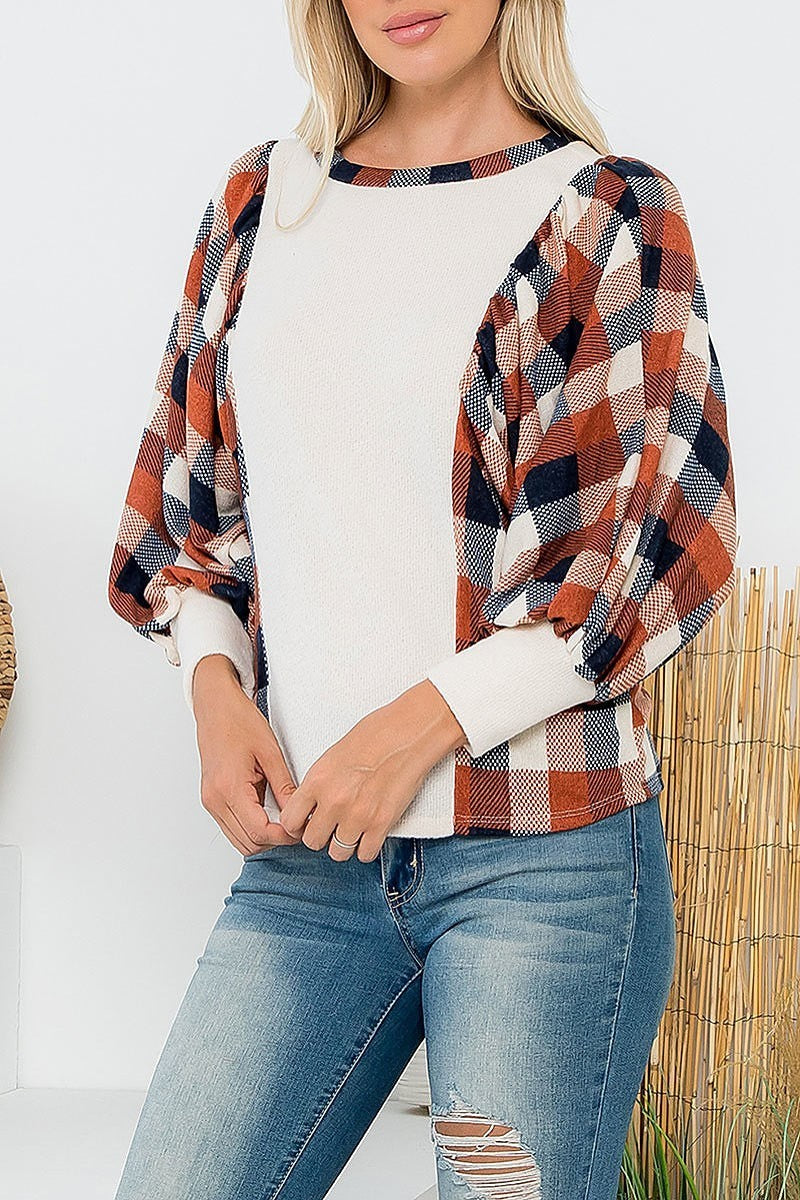 Combo plaid contrast long sleeve top (EF6097)