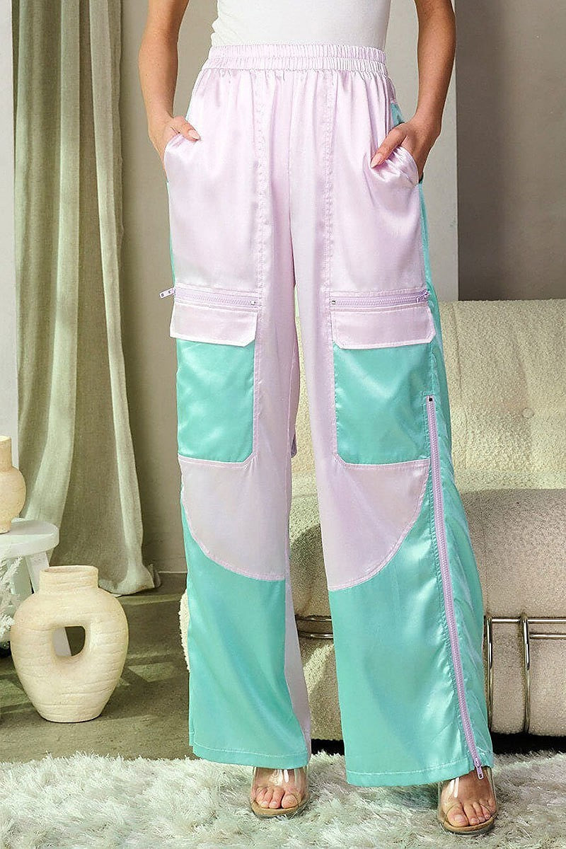 Pockets colorblock zipper detailed wide leg pants (EFWT8864)