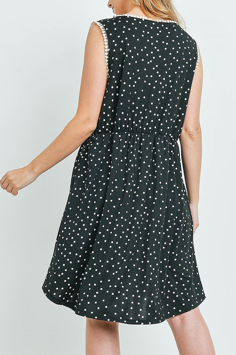 Polka dot sleeveless pompom detail neckline cinch waist baby doll dress with pockets (DED6176-3)