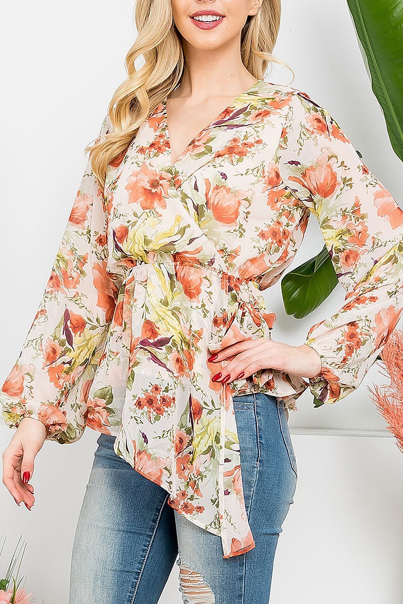 Floral surplice neckling elastic waist top (EF5087)