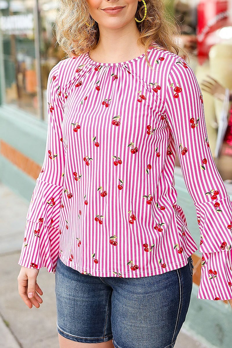 Bell sleeve cherry print top (ETBM4922)