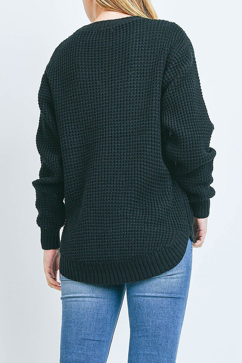 Hi low long sleeve round neck waffle sweater (DGS6739)