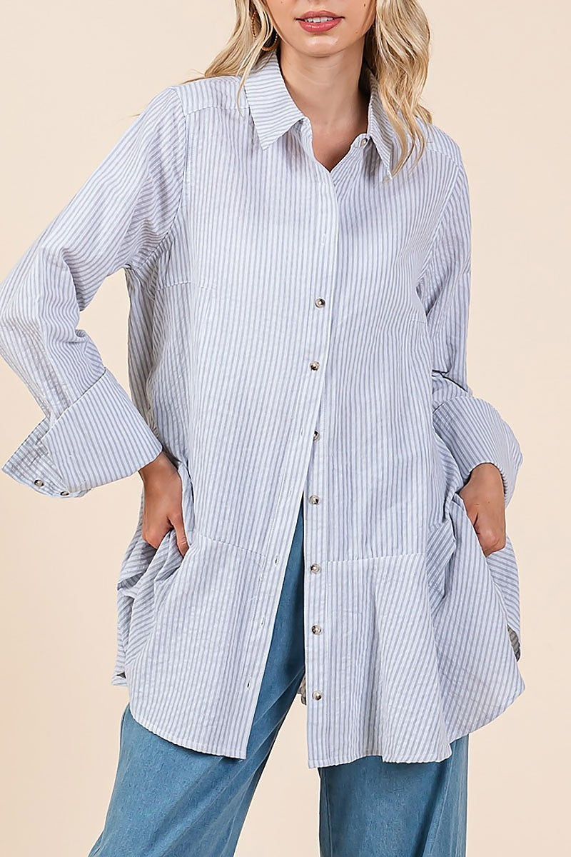 Striped button down ruffle bottom tunic shirt (EDH2327)