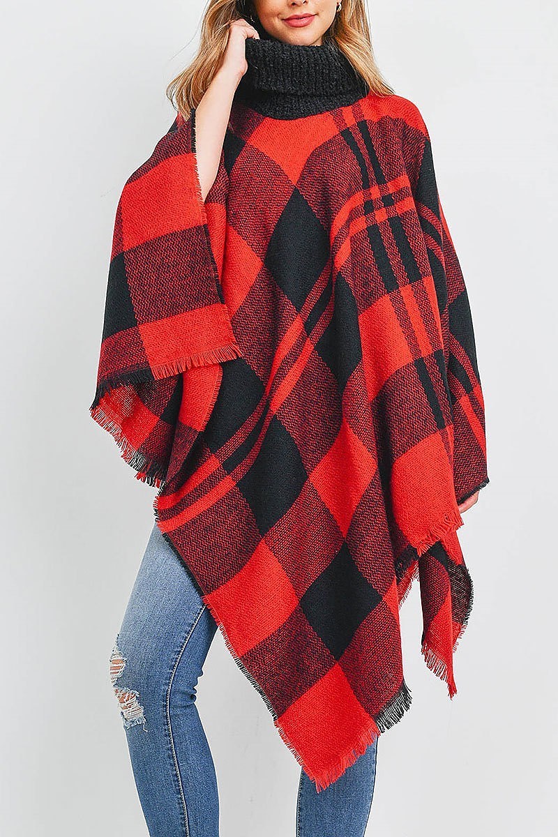 Plaid knitted turtlekneck poncho (DGS5458)