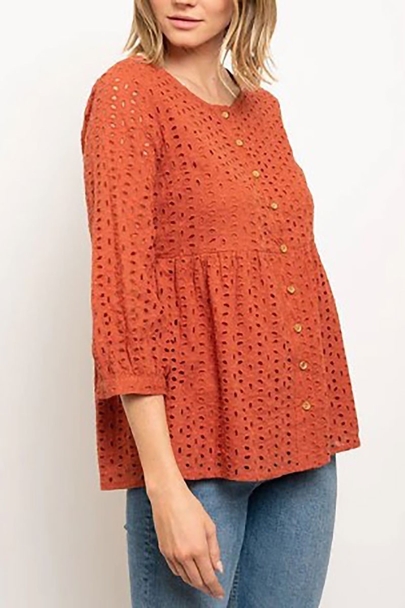 Bubble sleeve eyelet detail button front top (EDWT2364)