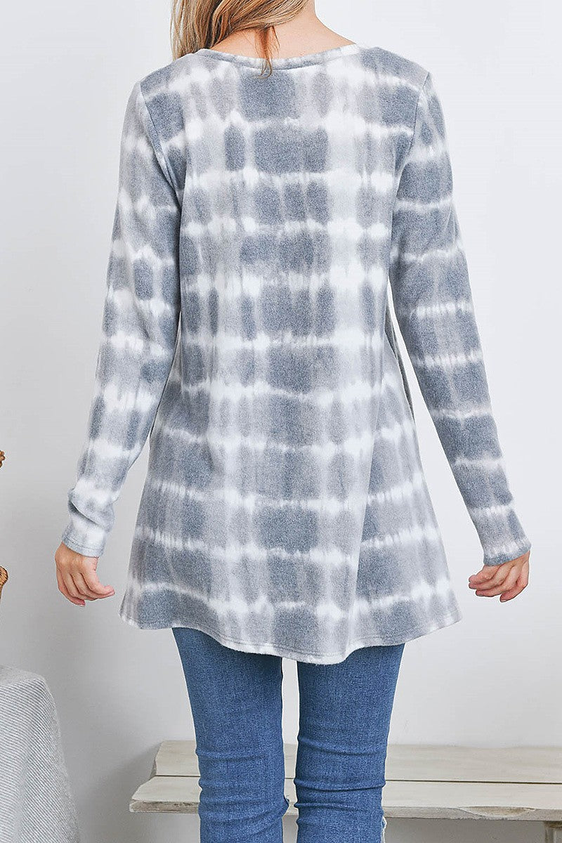 Long seeve tie dye hi lo slit hem tunic blouse top (EF2277)