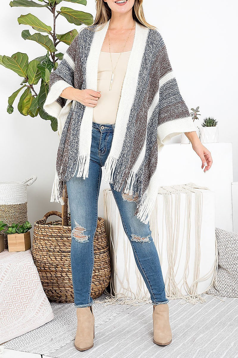 Knit stripe fringe ruana kimono (DGS5421)