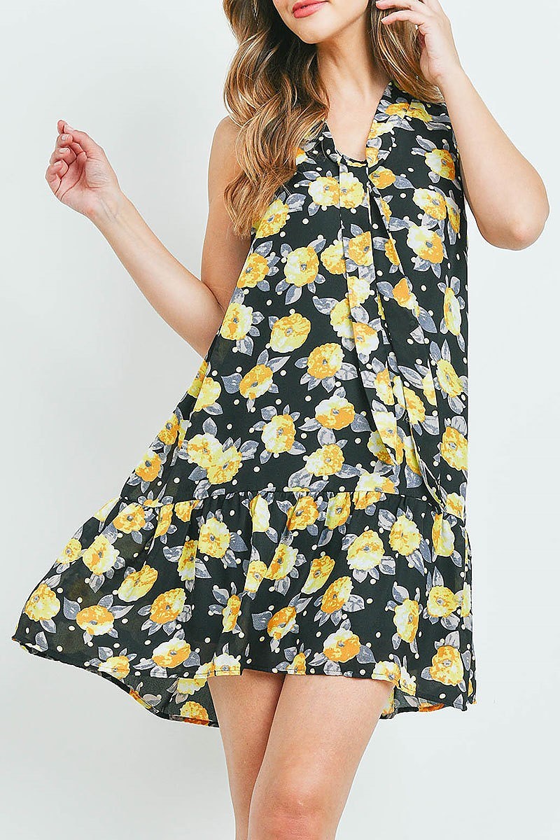 V neck tie neck detail floral polka dot ruffle hem dress (DED6156)