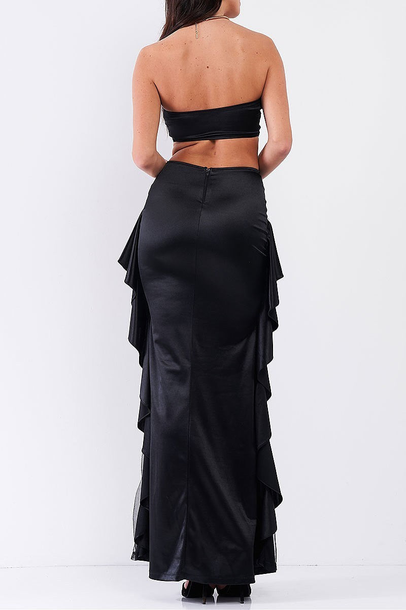 Off shoulder sweetheart neckline open back ruffle side detail maxi dress (TDG7761-2)