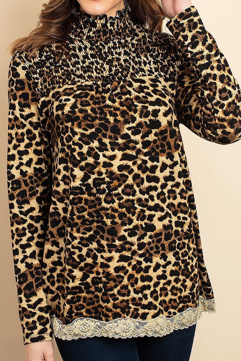 Long sleeve mock neck lace trim hem animal print blouse top (DGS4992-2)