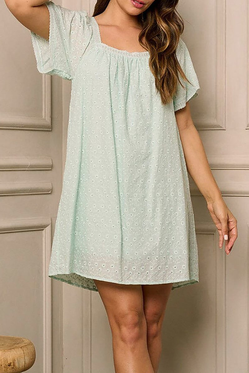 Short sleeve square neck eyelet tunic mini dress (EFWT6346)