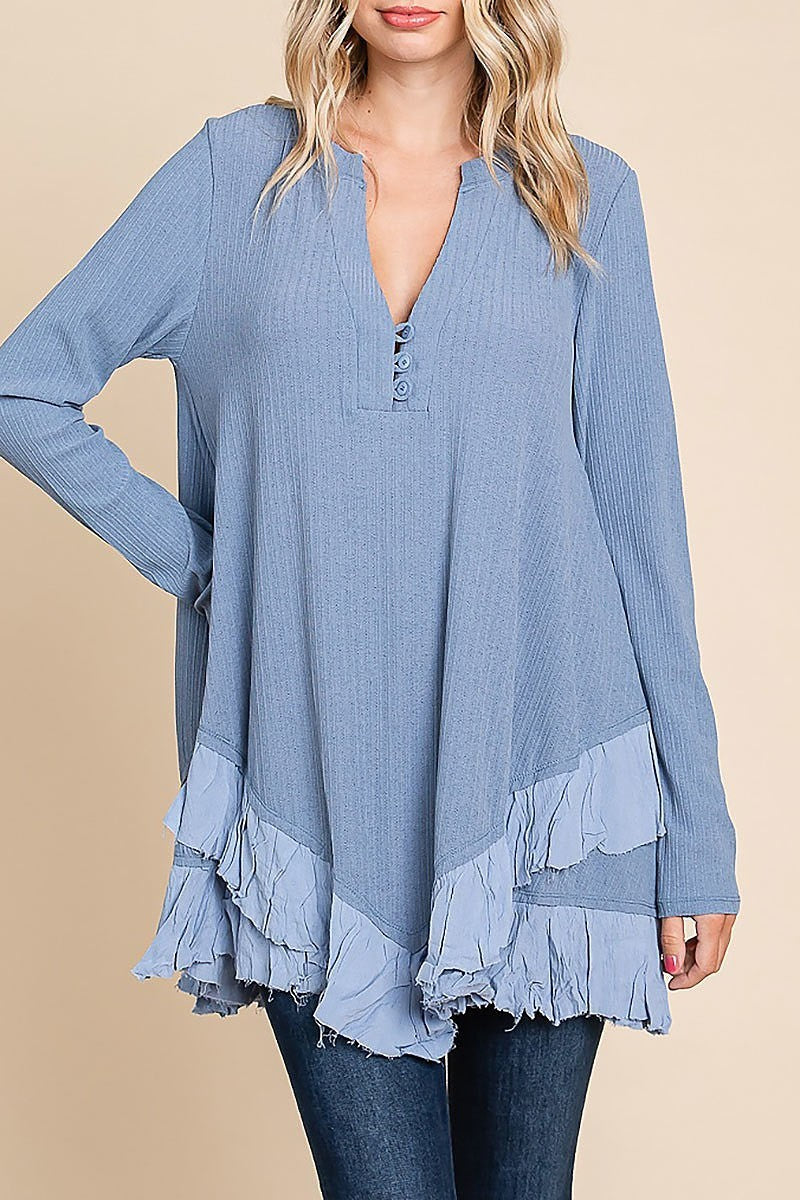 V neck button up detail mini dress (EDH1524)