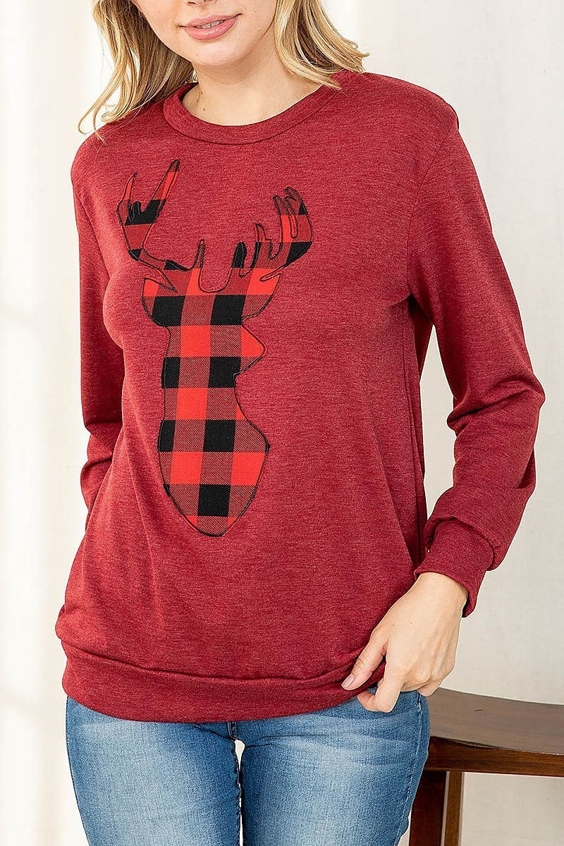 French terry long sleeve plaid reindeer print top (EF2506)