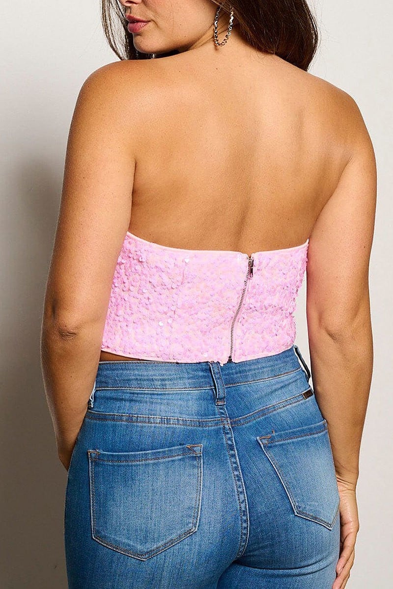 Sleeveless v-neck sequins tube crop top (EGWT1932)