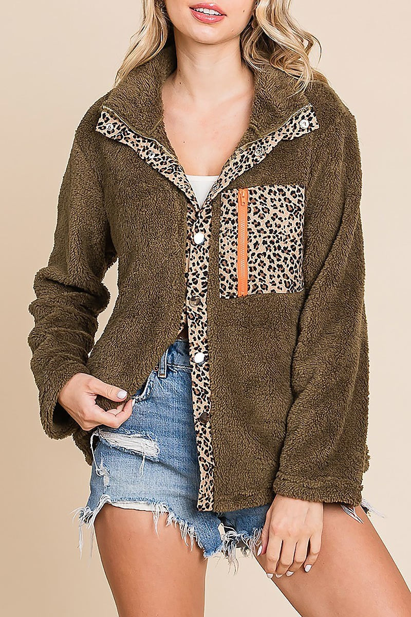 Faux fur buttoned down jacket with leopard placket (EDH1875-1)