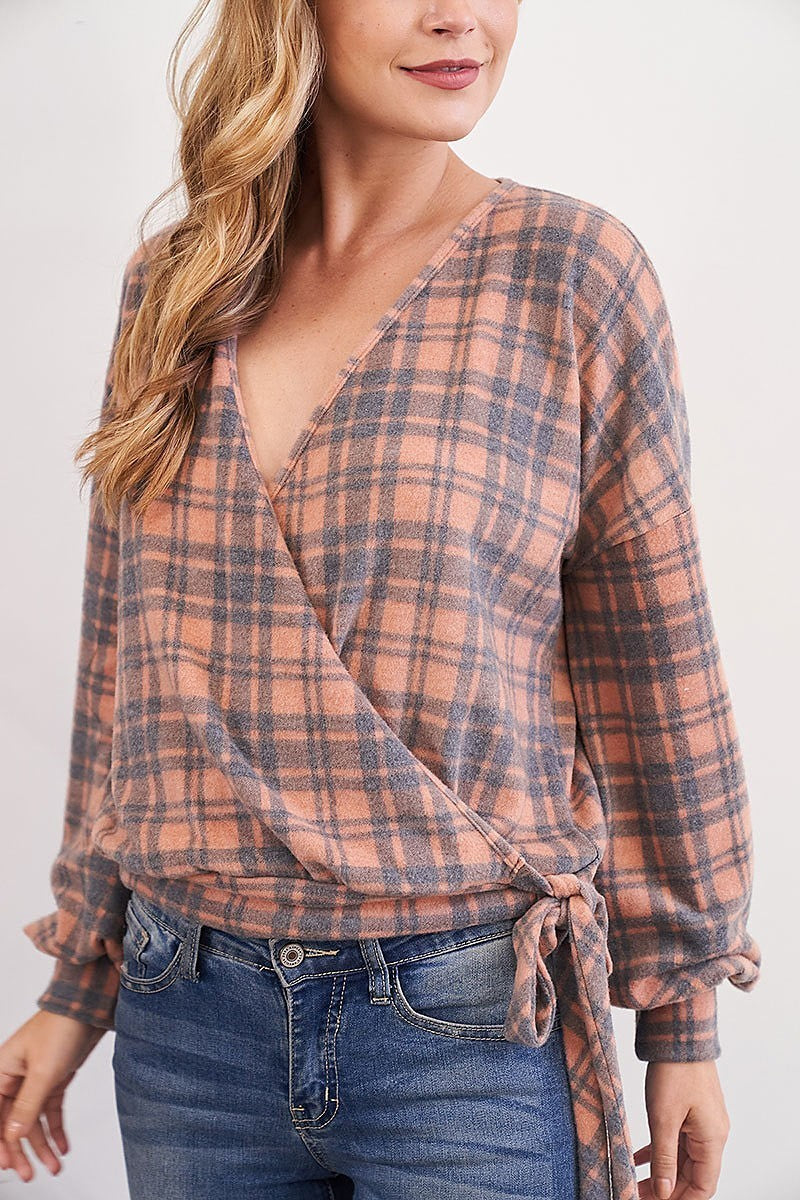 Surplice neckline ribbon tie plaid top (EF2464)