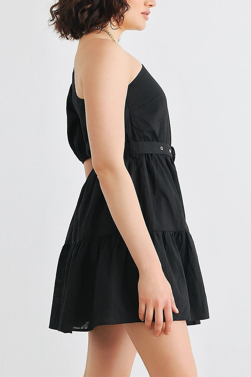 Cotton one shoulder belted mini dress (TED1941)