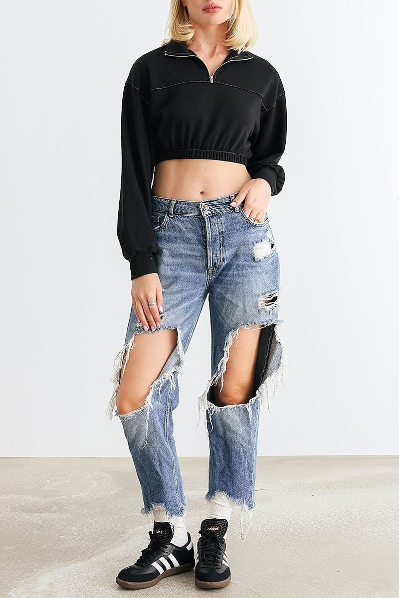 Zip up mock neck elastic waist crop top (TED1990)