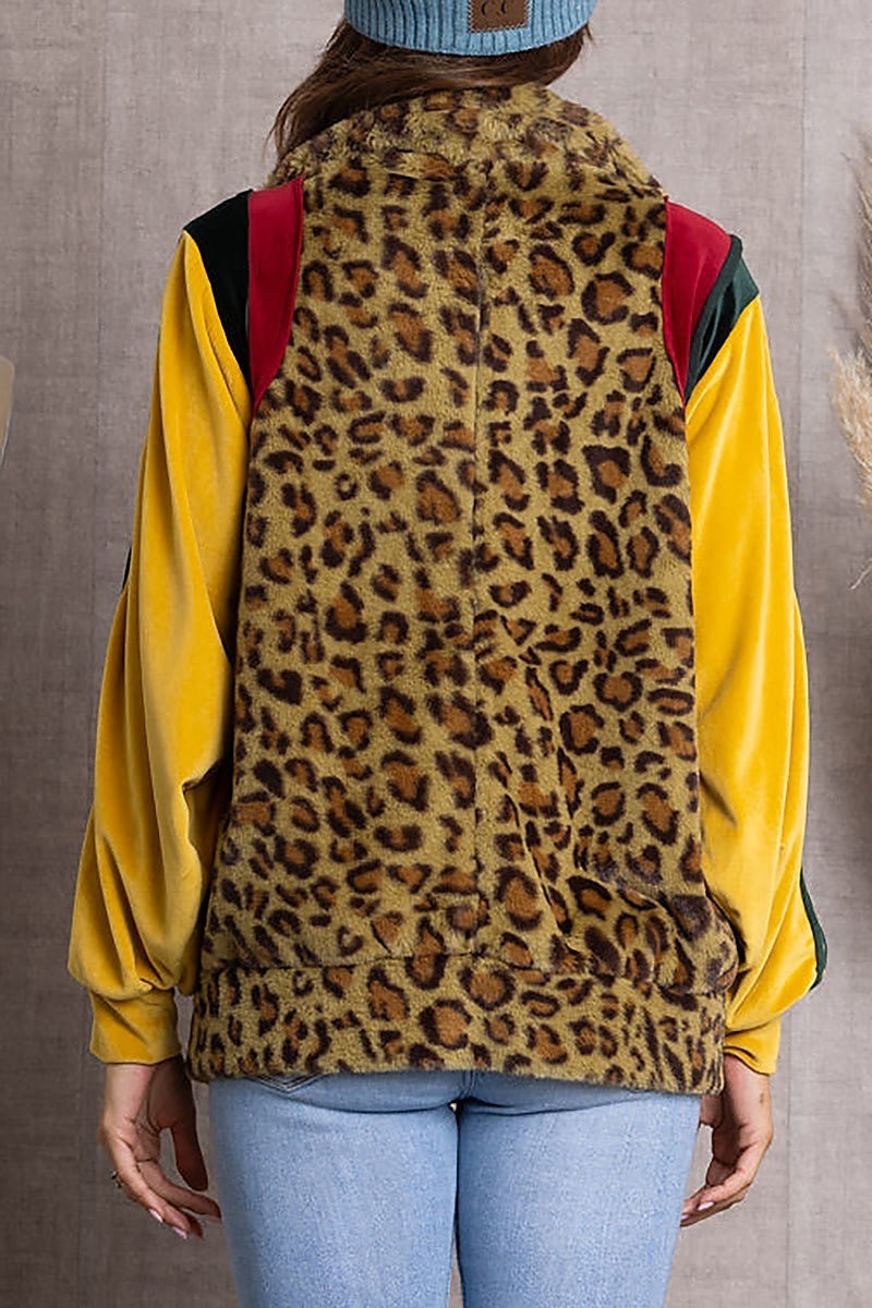 Leopard/mustard color block velour track jacket (EDSW3603)