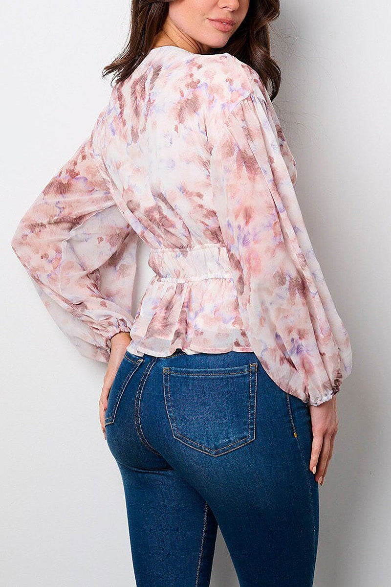 Long sleeve v-neck peplum tie dye blouse top (EFWT9124)