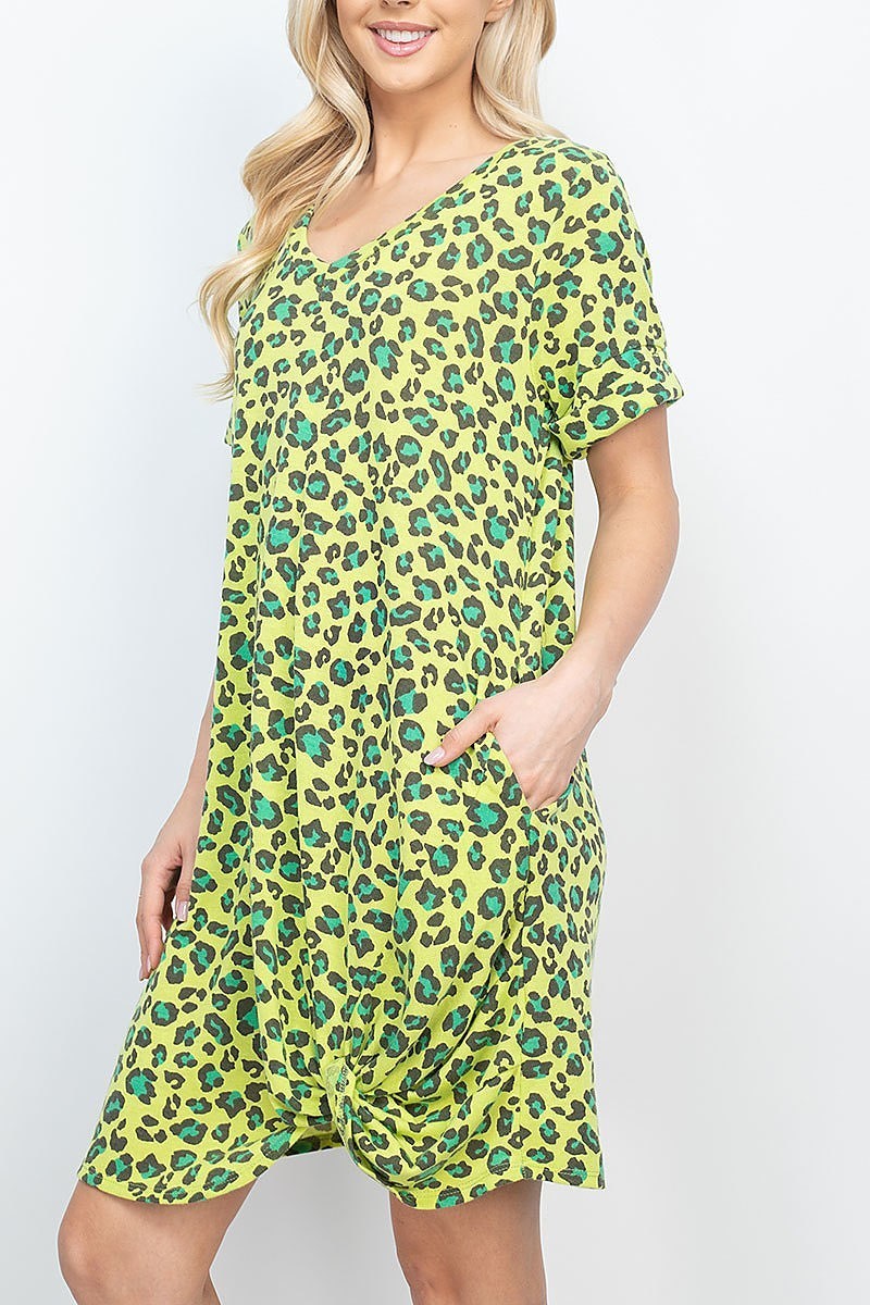 Rolled sleeve twist front hem leopard pocket dress (DED6577)