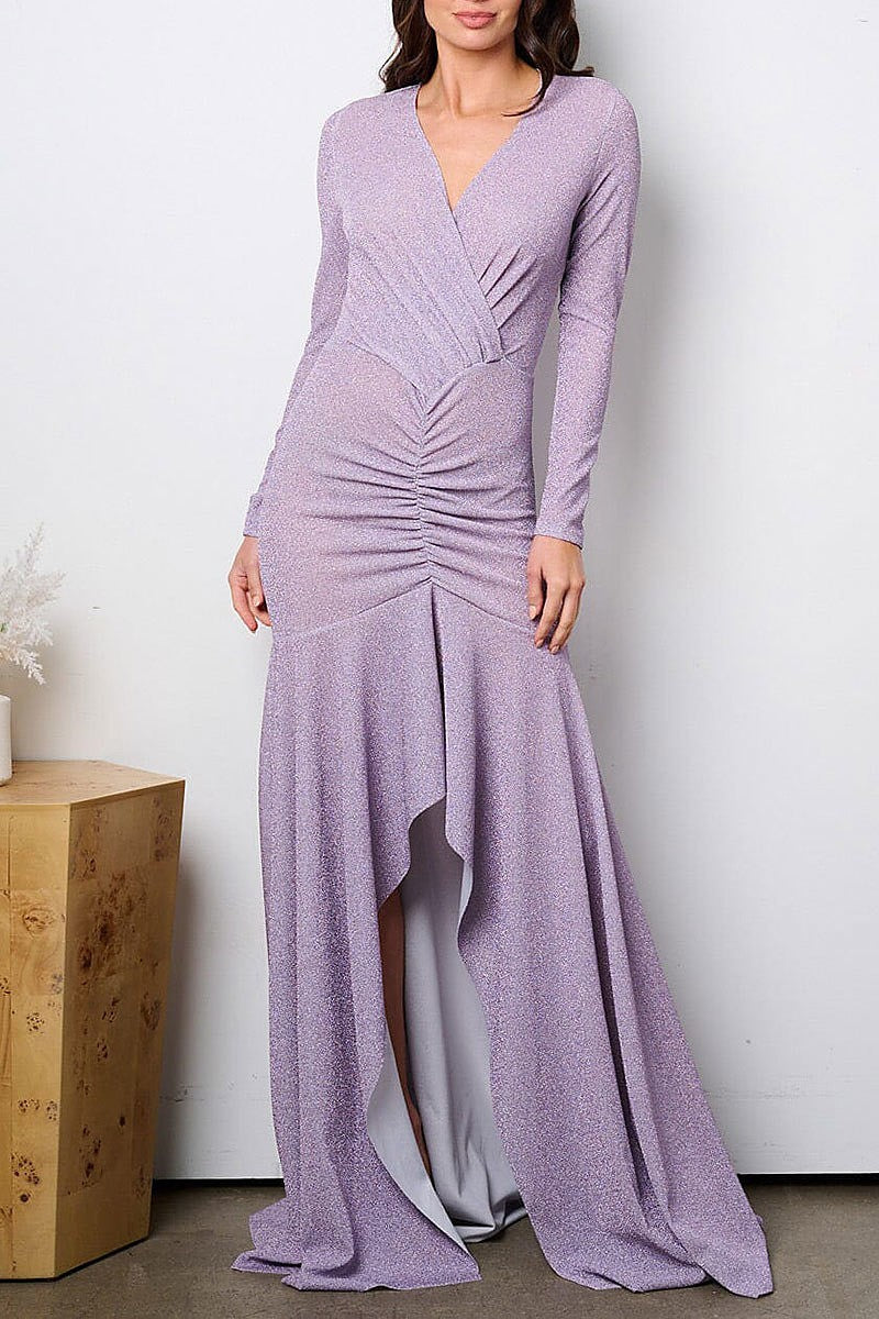 Surplice high-low shimmer maxi gown dress (EFWT8922)