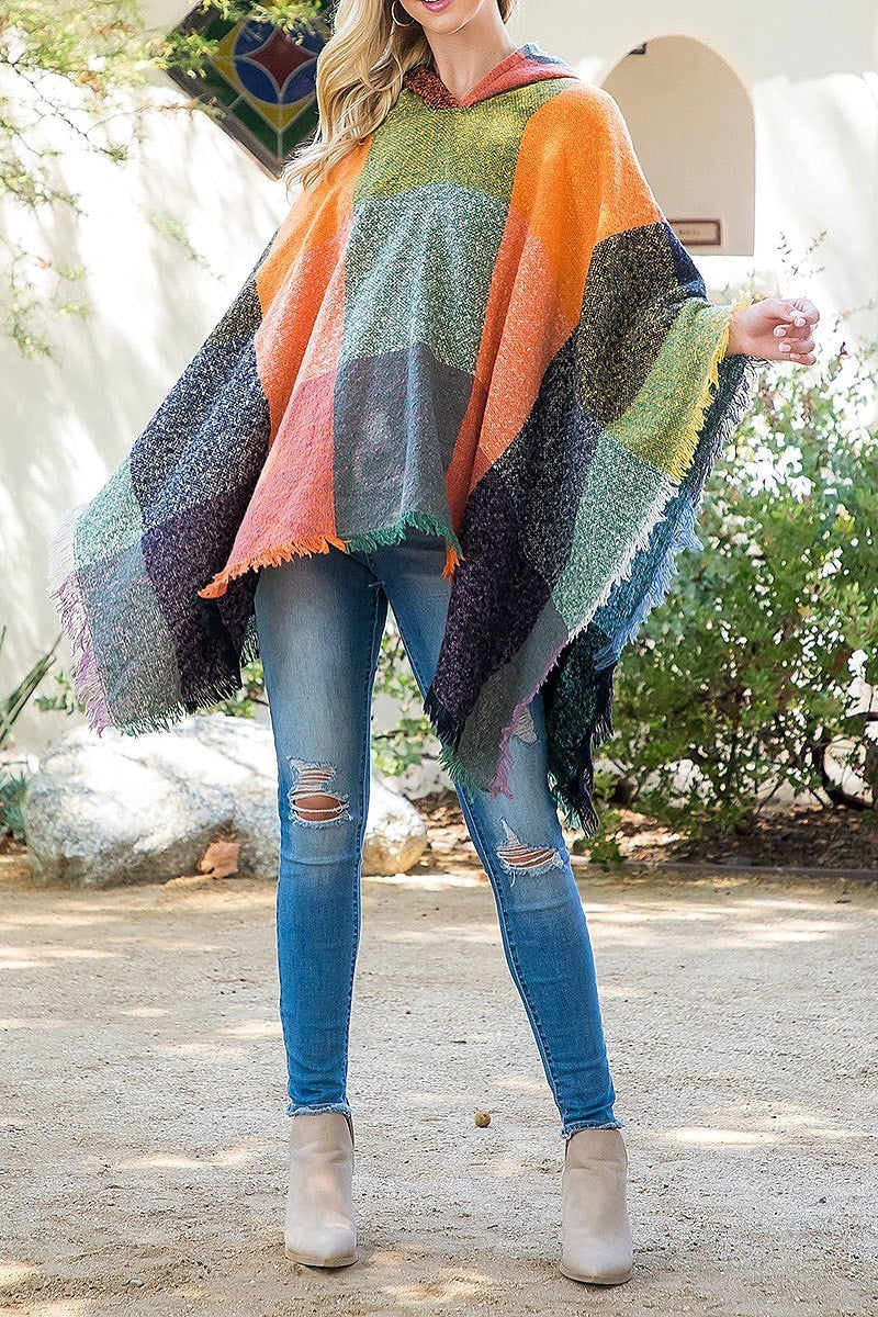 Square multicolor warmer knitted hooded poncho (DGS5851)