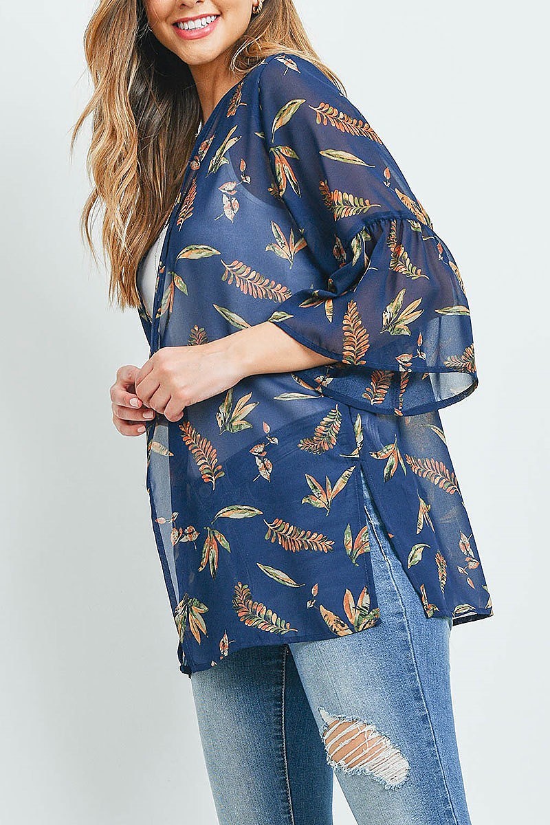 Leaf print sheer kimono top (ED9624)