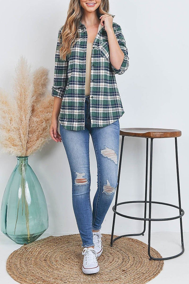 Sherpa fleece lined plaid flannel shirt top (EF2501)